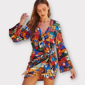 Strolling in Santorini Mini Dress Wrap Long Sleeves Mediterranean, size Large